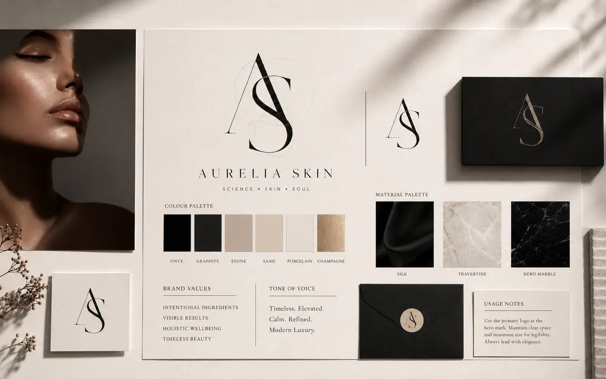 Premium branding board with logo, mark, palette, typography, and brand materials