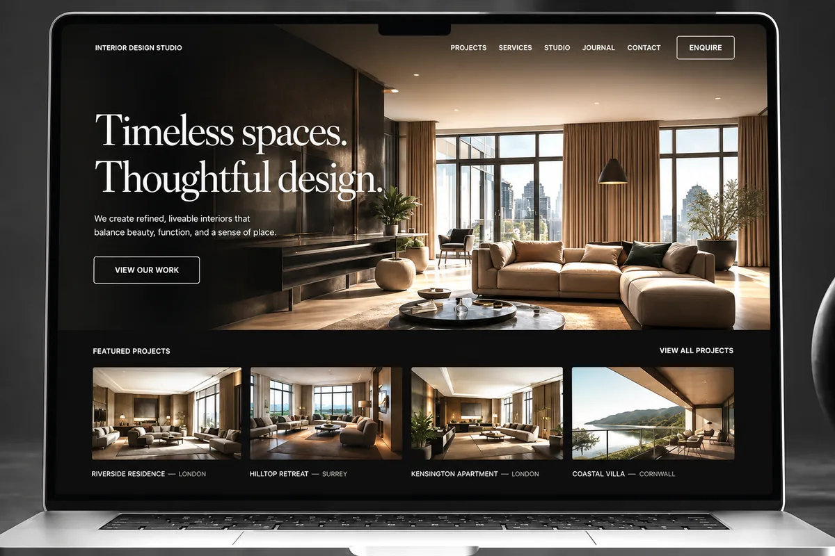 Interior design studio website concept on a laptop with a refined room hero page