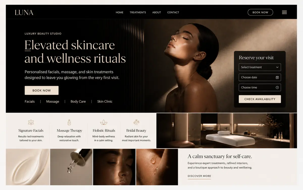 Luxury beauty website mockup with refined interface and high-end imagery